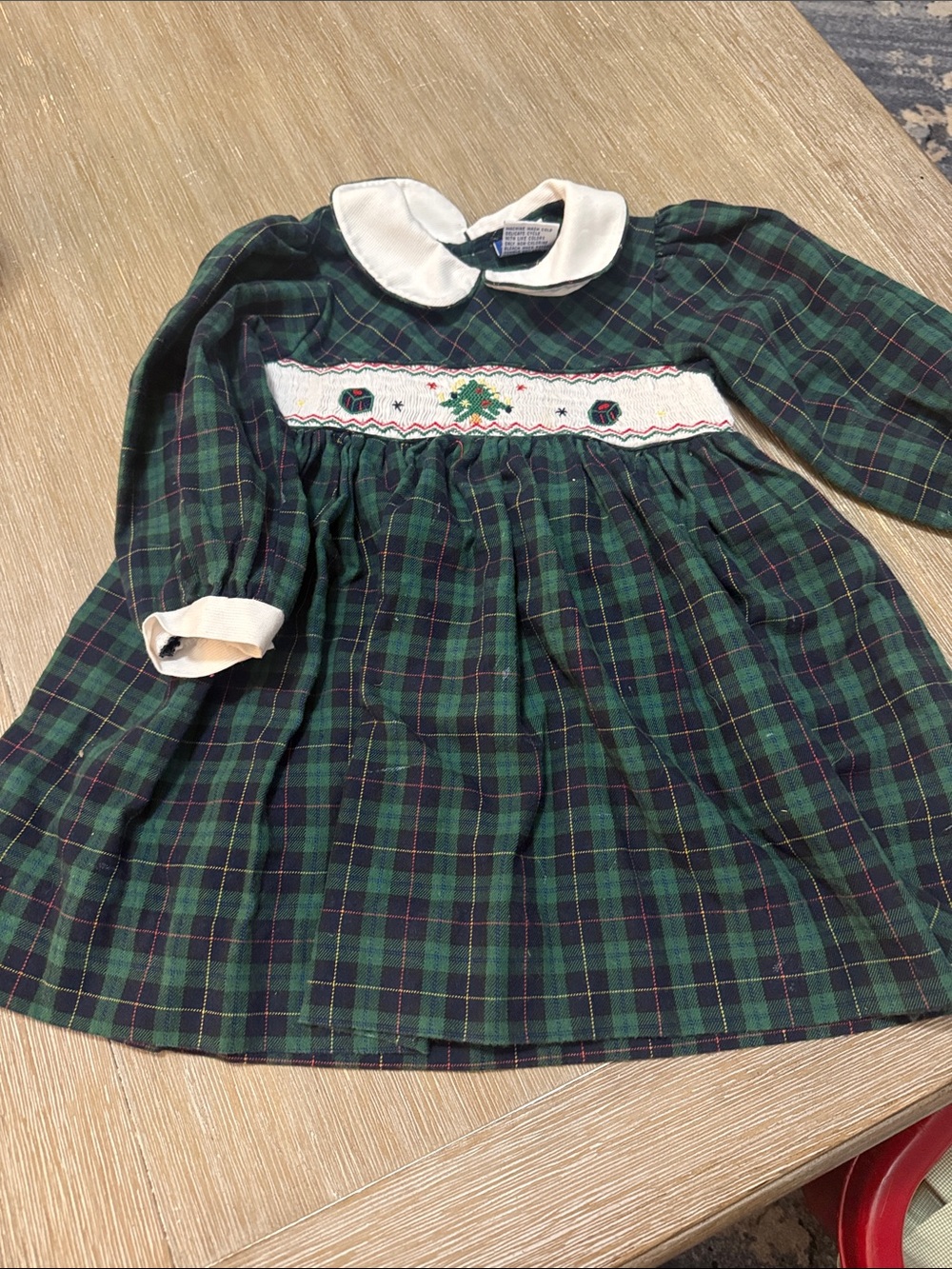 Carriage Boutique Green Plaid Smocked Christmas Dress with Cream Collar